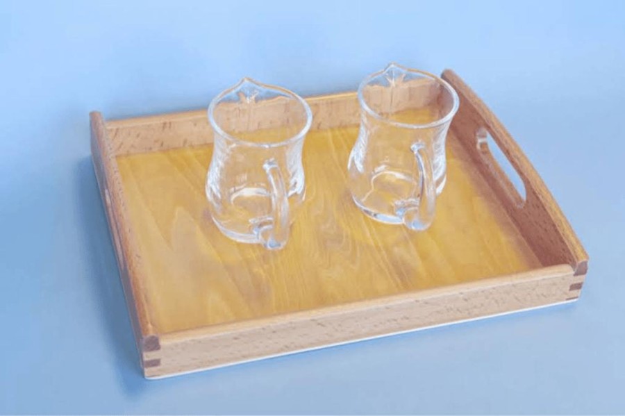 Montessori Materials Fire the Imagination | Montessori Dry Pouring Activity - Includes 2 Glass Pitchers & Wooden Tray