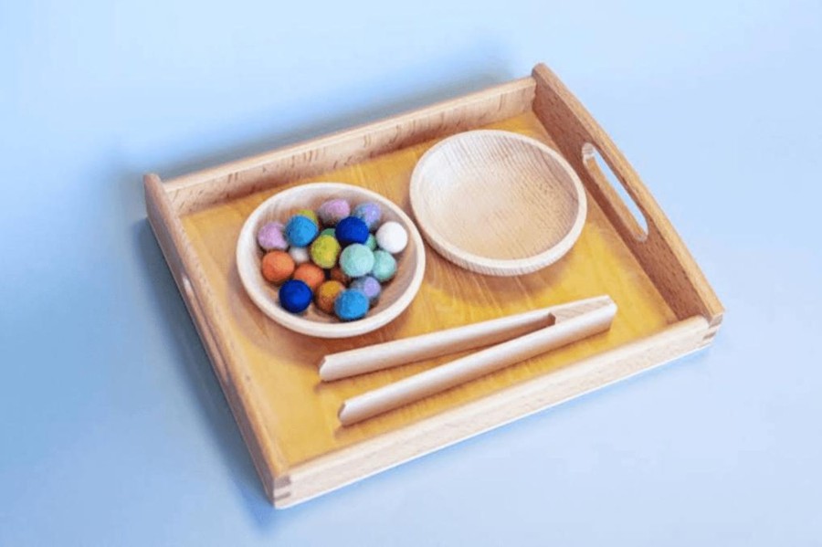 Montessori Materials Fire the Imagination | Montessori Tonging Activity - Papoose Balls - Includes Tongs, Tray, Bowls And Papoose Felt Balls