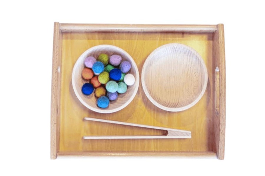 Montessori Materials Fire the Imagination | Montessori Tonging Activity - Papoose Balls - Includes Tongs, Tray, Bowls And Papoose Felt Balls