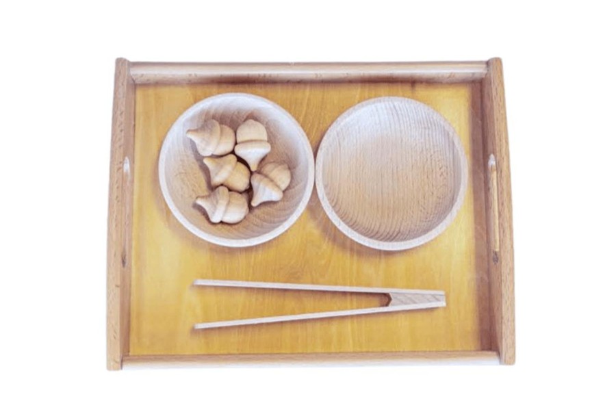 Montessori Materials Fire the Imagination | Montessori Tonging Activity - Acorns - Includes Tongs, Tray, Bowls And Wooden Acorns