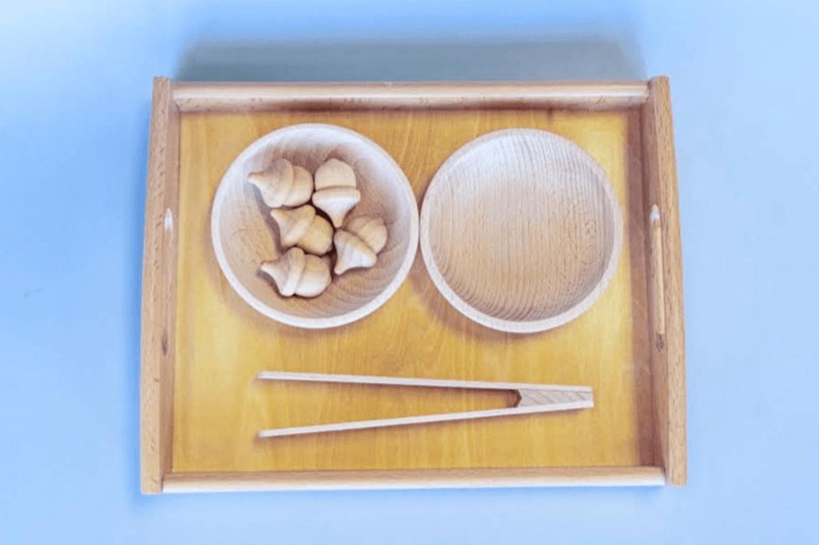 Montessori Materials Fire the Imagination | Montessori Tonging Activity - Acorns - Includes Tongs, Tray, Bowls And Wooden Acorns